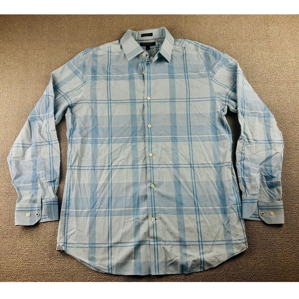 Banana Republic Shirt Men L Blue Camden Fit Non-Iron Plaid Cotton Preppy Coastal